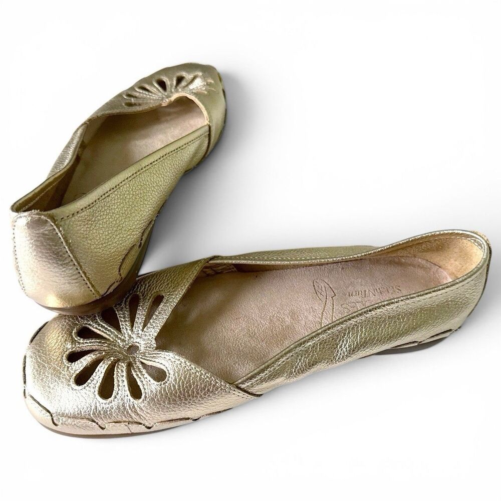 Aerosoles Sol City 8W Gold Metallic Leather Ballet Flat Cut Outs Stitch n Turn
